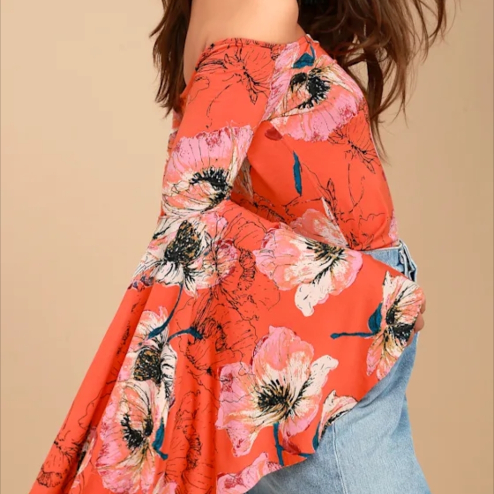 Free People Off The Shoulder Bell Sleeve Flower Orange Top Sz Small - Picture 2 of 7